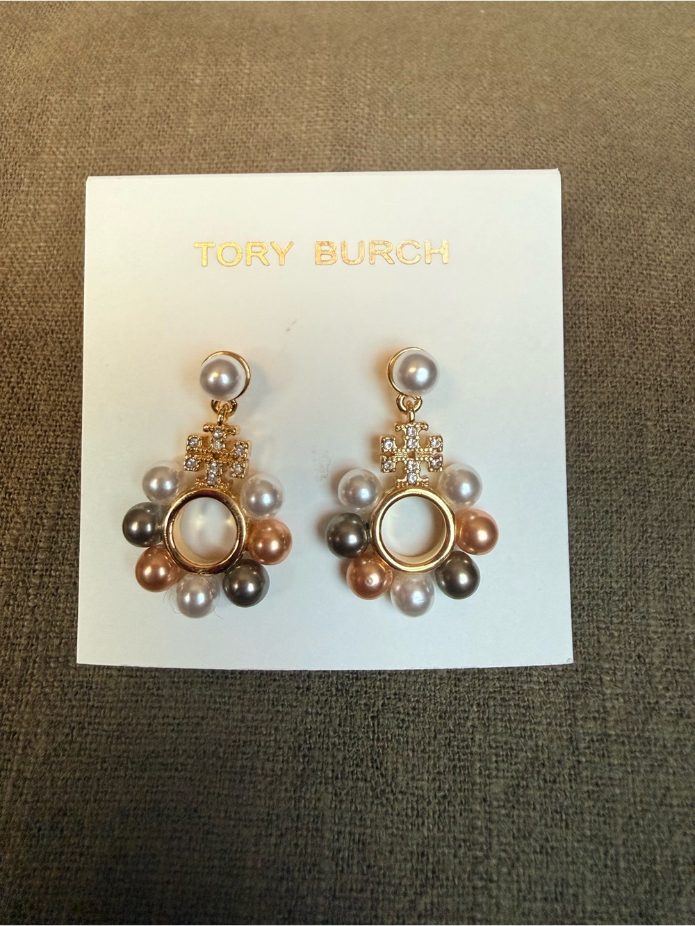 Tory Burch Gold-Tone Hoop Earrings with Multi-Colored Pearl Clusters